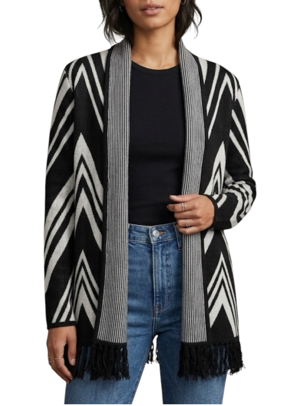 GRACE Black White Chevron Geometric Fringe Cardigan Open Front Sweater M